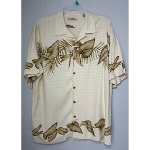 Tommy Bahama Floral Hawaiian Shirt Beige Silk Button Short Sleeve Men’s Size XL